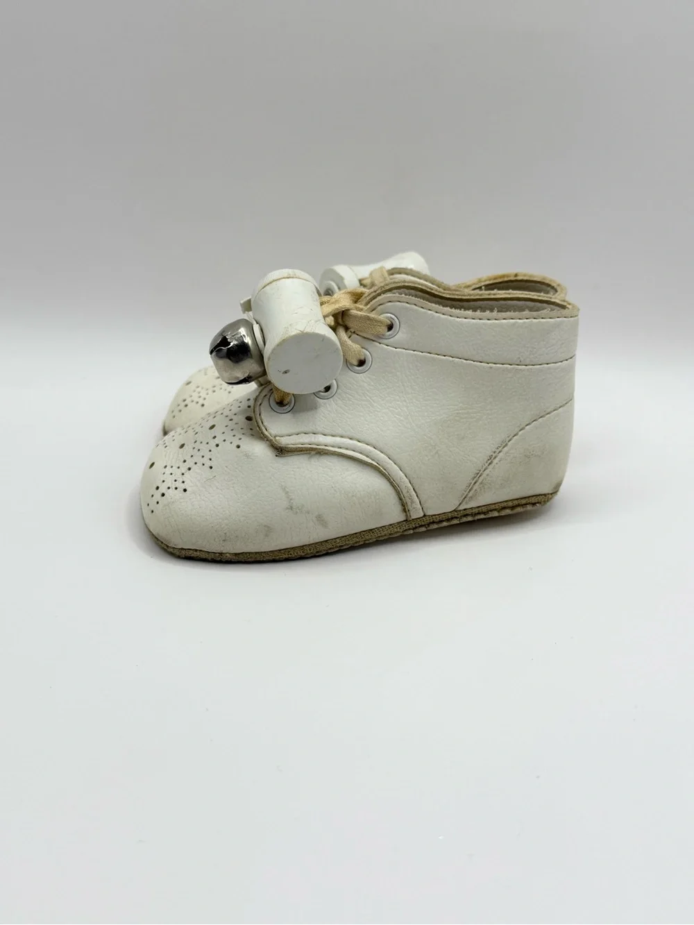 Vintage Baby Walker Soft Sole Shoes Lace Up with Bells White 1950s